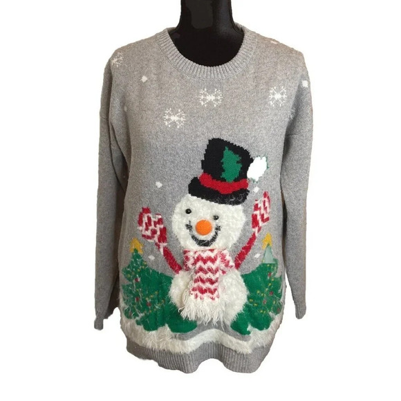 Shineflow Women’s Size Medium Fuzzy Snowman Christmas Tree Holiday Sweater - Picture 1 of 12
